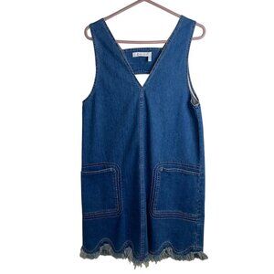 See By Chloe Womens Jumper Dress Size 40 Blue Scalloped Frayed Hem Pockets Denim